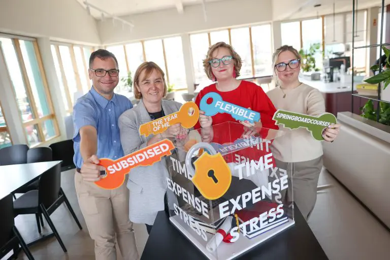 Dr Vivienne Patterson (second left), Head of Skills and Engagement at the Higher Education Authority, joins Springboard+ learners (l-r) Elton Rocha, Megan Killeen and Shelley Coleman to highlight new research showing that affordability, stress and uncertainty about making the wrong career choice remain significant barriers to upskilling for many adults in Ireland. Findings show that 46% of adults feel they cannot afford to study or learn new skills, while 43% said they would be afraid of making the wrong decision when choosing a new career direction. Springboard+ 2026 is helping address these challenges by providing more than 7,200 free or heavily subsidised course places nationwide, with flexible learning options designed to support career development and lifelong learning.